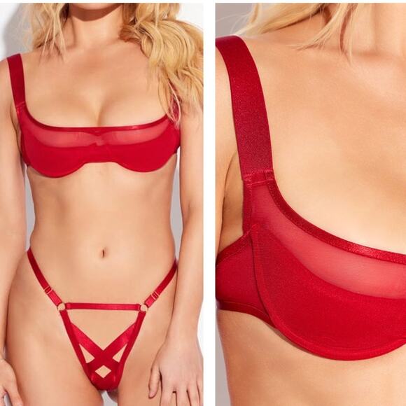 House of Desire Premium Devon Mesh Bra & Panty Set Red Crisscross Medium NEW - Picture 2 of 15
